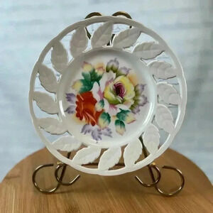 VTG Hand Painted Japan Floral Cut Out Design Collectables Plate White Milk glass